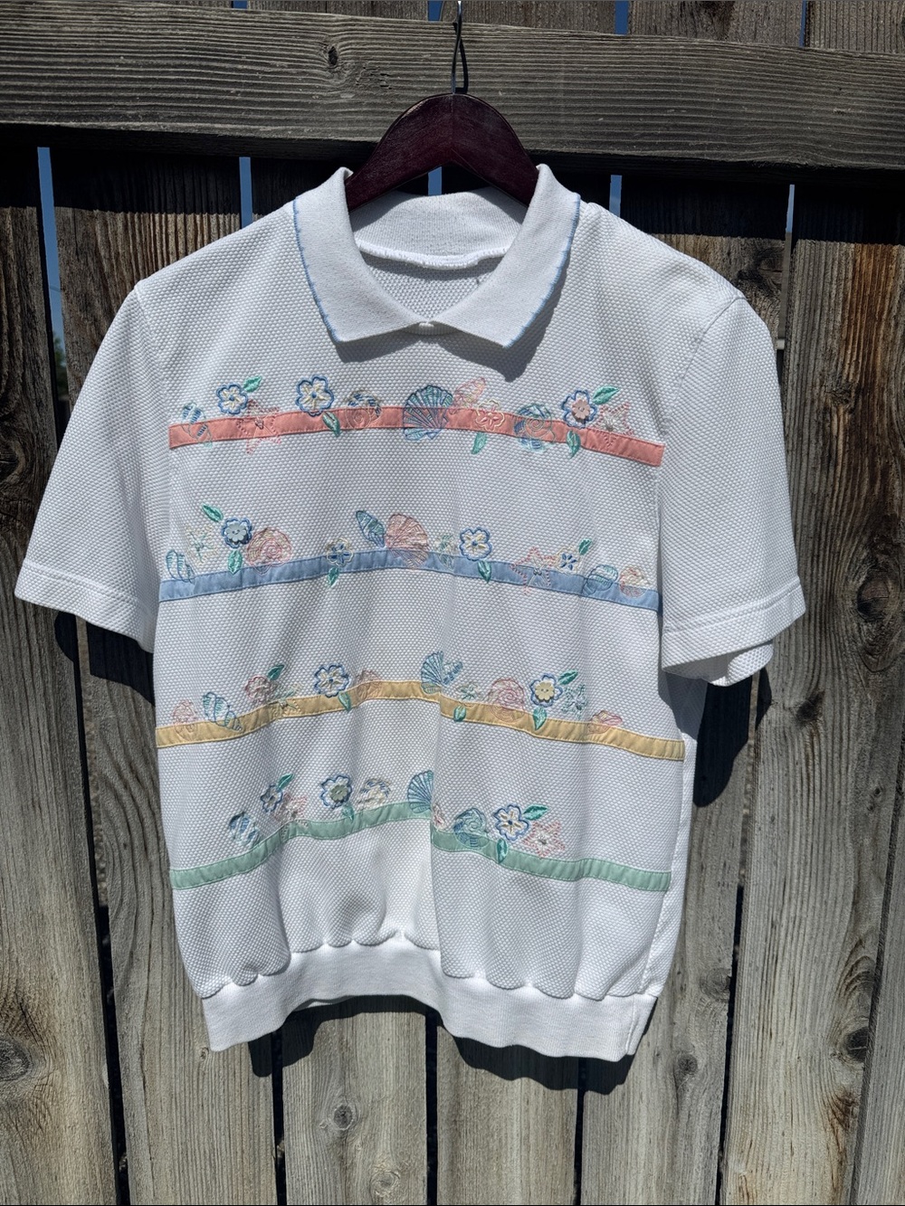 White Polo Top with Coastal Pastel Floral Stripes